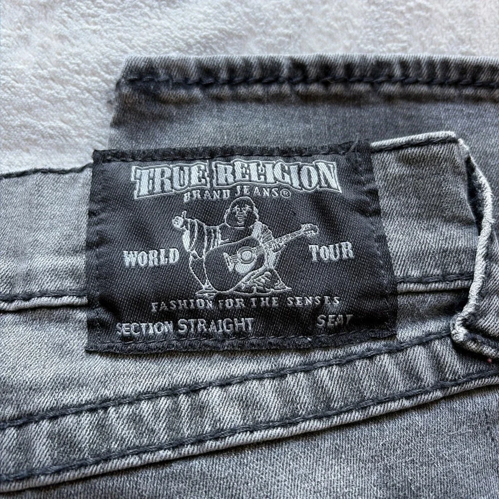 True Religion Jeans Mens 38x33 Black Flap Pocket Relaxed Straight Paint Splatter